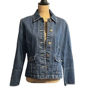 Caribbean Joe Petite Large Denim Blue Women's Button Down Jacket Button Accents